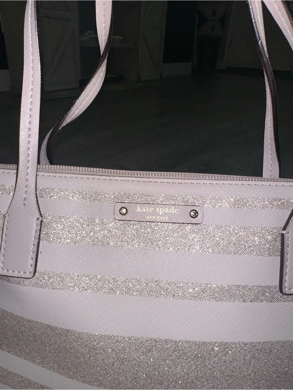 Kate Spade Haven Lane Hani Glitter Stripe Taupe Gold Stripe Shoulder Tote Bag